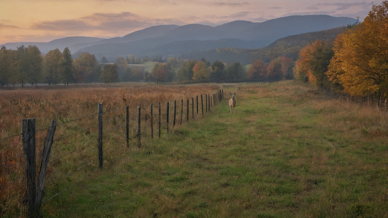 A healthy deer standing in a meadow beyond a roadside fence at dusk